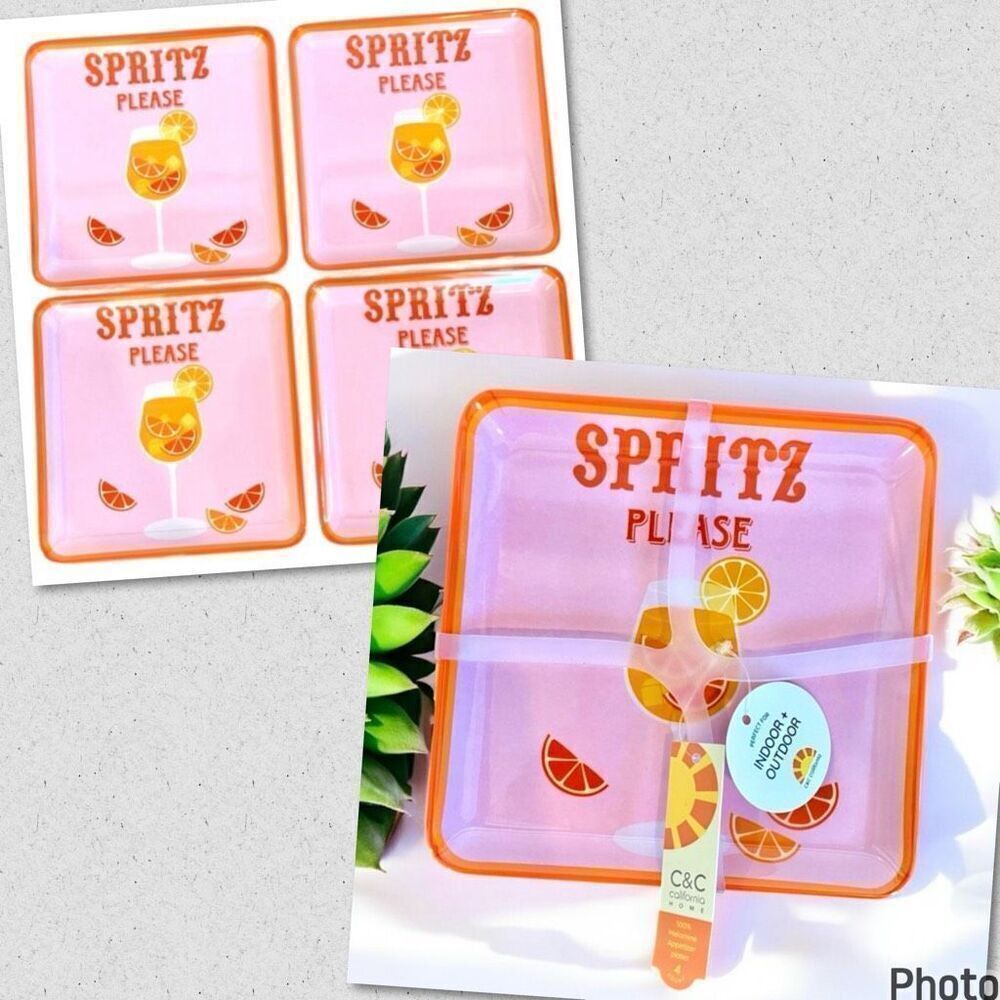 NWT C&C California Set of 4 SPRITZ PLEASE Cocktail Melamine Appetizer plates